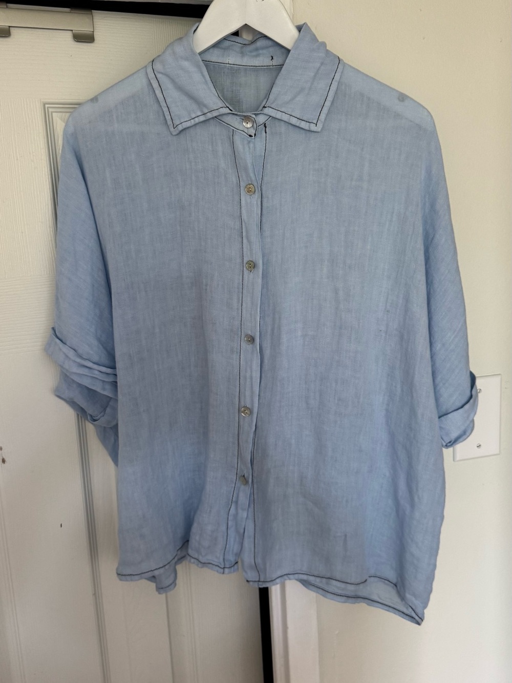 Light Blue Women's Button-Front Linen Blouse
